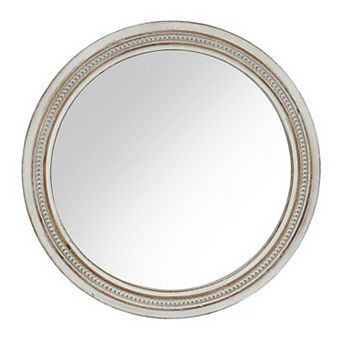 Vintage Round Wall Mirror 23.62" Distressed White Wood Frame with Ornate Beaded Trim