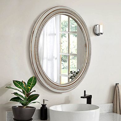 Vintage Round Wall Mirror 23.62" Distressed White Wood Frame with Ornate Beaded Trim