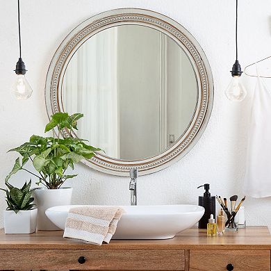 Vintage Round Wall Mirror 23.62" Distressed White Wood Frame with Ornate Beaded Trim