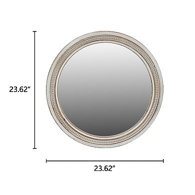 Vintage Round Wall Mirror 23.62" Distressed White Wood Frame with Ornate Beaded Trim