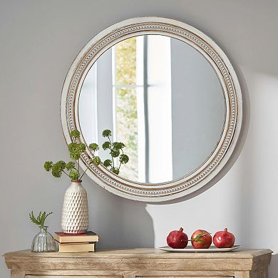 Vintage Round Wall Mirror 23.62" Distressed White Wood Frame with Ornate Beaded Trim