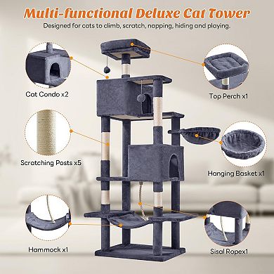 66" Multi-Level Cat Tree Sisal Posts Hammock Condo Play Tower