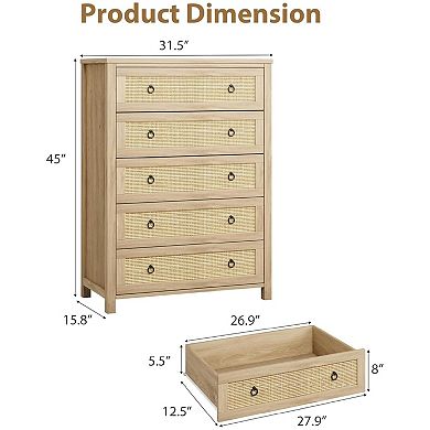 Rattan Bedroom Dresser with 5 Drawers Clothes Storage Cabinet