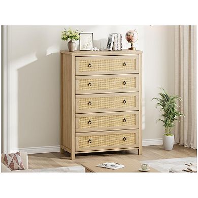 Rattan Bedroom Dresser with 5 Drawers Clothes Storage Cabinet
