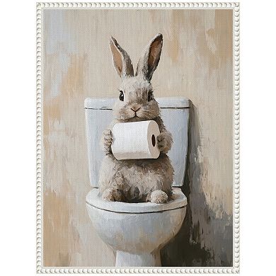 Sylvie Cute Bunny Toilet Paper Roll Toilet Bathroom Art Framed Canvas by The Creative Bunch Studio