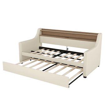 Lufeiya Twin Upholstered Daybed with Trundle, LED Lights, USB Charging Station,Storage Headboard