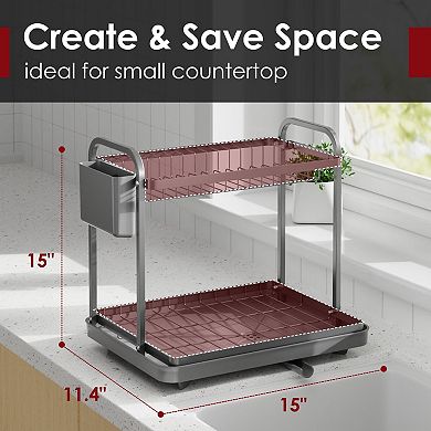 2-Tier Stainless Steel Dish Rack with Cutlery Holder