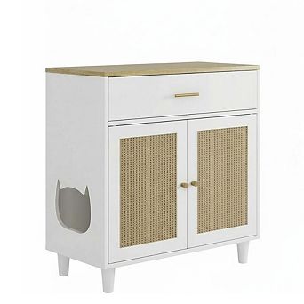 Wooden Cat Litter Box Enclosure Cabinet with Sisal Doors