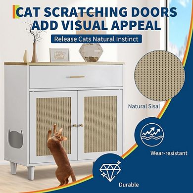 Wooden Cat Litter Box Enclosure Cabinet with Sisal Doors
