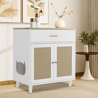 Wooden Cat Litter Box Enclosure Cabinet with Sisal Doors