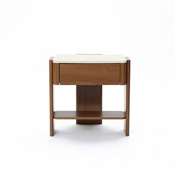 LuxenHome Faux Travertine Nightstand with Drawer and Open Shelf, MDF Wood Accent Side Table