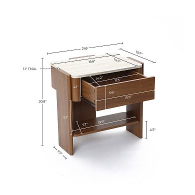 LuxenHome Faux Travertine Nightstand with Drawer and Open Shelf, MDF Wood Accent Side Table