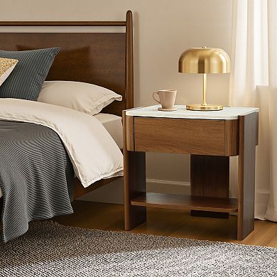 LuxenHome Faux Travertine Nightstand with Drawer and Open Shelf, MDF Wood Accent Side Table