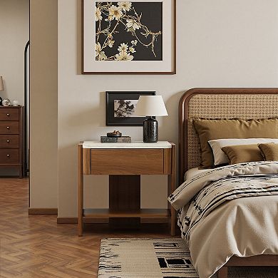 LuxenHome Faux Travertine Nightstand with Drawer and Open Shelf, MDF Wood Accent Side Table