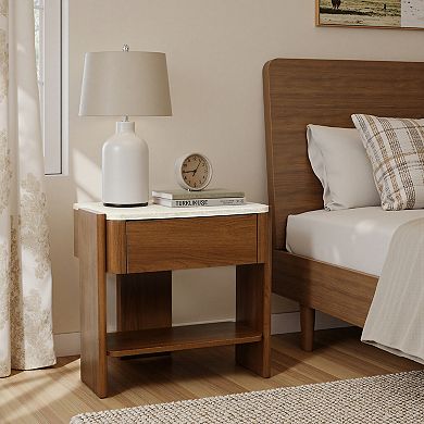 LuxenHome Faux Travertine Nightstand with Drawer and Open Shelf, MDF Wood Accent Side Table