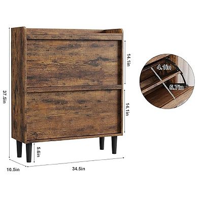 Wooden Shoe Cabinet with 2 Flip Drawers and Adjustable Shelf