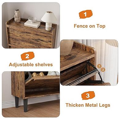 Wooden Shoe Cabinet with 2 Flip Drawers and Adjustable Shelf