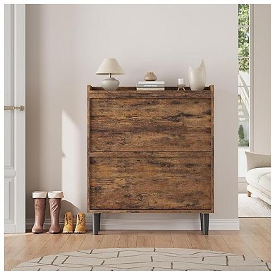 Wooden Shoe Cabinet with 2 Flip Drawers and Adjustable Shelf