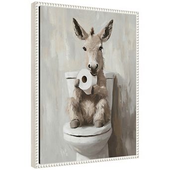 Sylvie Cute Donkey Holding Toilet Bathroom Art Framed Canvas by The Creative Bunch Studio