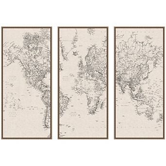 Vintage Black and White World Map 3 pc Framed Canvas Wall Art Set by The Creative Bunch Studio