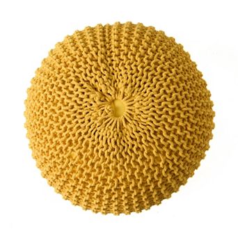 Bordeaux Knitted Cotton Round Pouf, Yellow, Versatile Ottoman and Floor Cushion