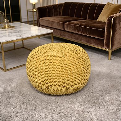 Bordeaux Knitted Cotton Round Pouf, Yellow, Versatile Ottoman and Floor Cushion