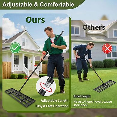 32" Dual-Sided Steel Lawn Leveler Rake 6.5ft Adjustable Handle for Soil Sand Compost