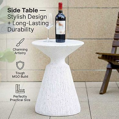 Durable MGO Outdoor White Marble Retro Speckled Textured Side Table, 15.5"x15.5"x21"