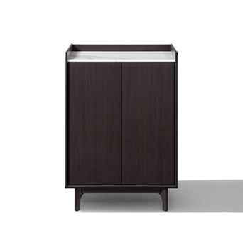 LuxenHome Modi Wenge Accent Cabinet with 2 Doors, Open Storage & Raised Sides, Faux Marble Top