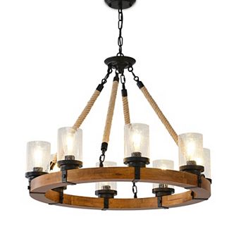 Rustic 8-Light Wagon Wheel Chandelier with Seeded Glass Shades & Hemp Rope Accents - 31" Round Farmh