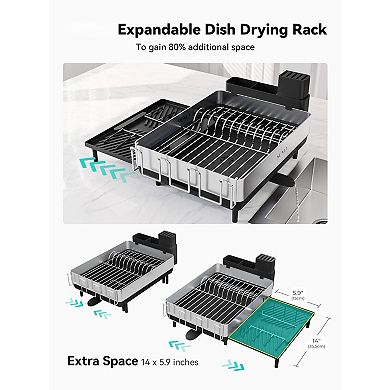 Expandable Stainless Steel Dish Rack with Self-Drainage and Multifunctional Holders