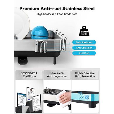 Expandable Stainless Steel Dish Rack with Self-Drainage and Multifunctional Holders