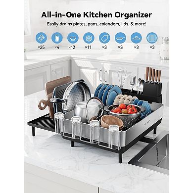 Expandable Stainless Steel Dish Rack with Self-Drainage and Multifunctional Holders