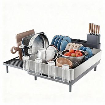 Expandable Stainless Steel Dish Rack with Self-Drainage and Multifunctional Holders
