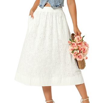 Women's Eyelet Boho Casual Skirt Elastic High Waist A-Line Cotton Embroidery Lace Summer Midi Skirts