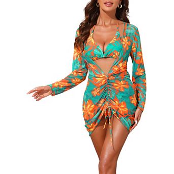 Women's Halter Bikini Set, 3 pc Swimsuit Long Sleeve Drawstring Cover Up Mesh Ruched Dress Swimwear
