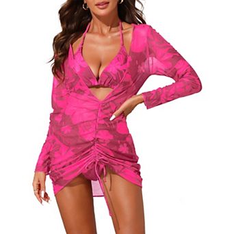 Women's Halter Bikini Set, 3 pc Swimsuit Long Sleeve Drawstring Cover Up Mesh Ruched Dress Swimwear