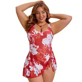 Women's Plus Size 1 pc Swimdress Floral Tummy Control Push Up Tie Knot Swimwear with Built-In Shorts