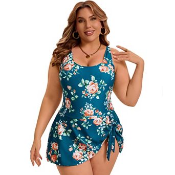 Women's Plus Size 1 pc Swimdress Floral Tummy Control Push Up Tie Knot Swimwear with Built-In Shorts