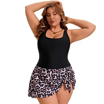 Women's Plus Size 1 pc Swimdress Floral Tummy Control Push Up Tie Knot Swimwear with Built-In Shorts