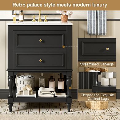 Merax 24'' Bathroom Vanity with Ceramic Sink, Bathroom Storage Cabinet with Open Shelf