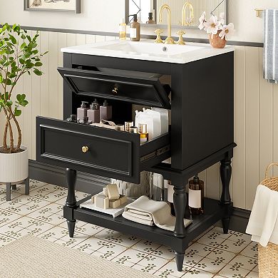 Merax 24'' Bathroom Vanity with Ceramic Sink, Bathroom Storage Cabinet with Open Shelf