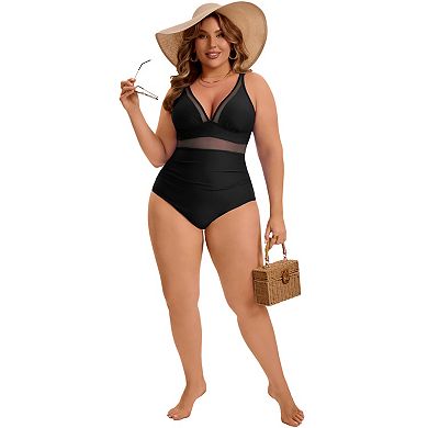 Women's Plus Size 1 Piece Swimsuit Mesh V Neck Tummy Control Push Up High Waisted Beach Swimwear