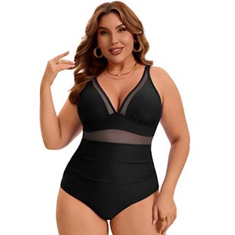 Women's Plus Size 1 pc Swimsuit Mesh V Neck Tummy Control Push Up High Waisted Beach Swimwear