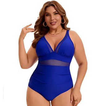 Women's Plus Size 1 pc Swimsuit Mesh V Neck Tummy Control Push Up High Waisted Beach Swimwear