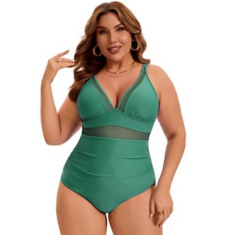 Women's Plus Size 1 pc Swimsuit Mesh V Neck Tummy Control Push Up High Waisted Beach Swimwear
