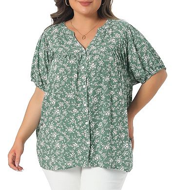 Women's Plus Size Button Down Shirts Short Sleeve Casual V Neck Summer Tops Pleated Floral Blouses