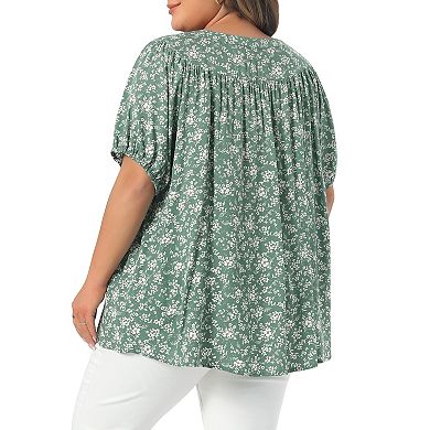 Women's Plus Size Button Down Shirts Short Sleeve Casual V Neck Summer Tops Pleated Floral Blouses