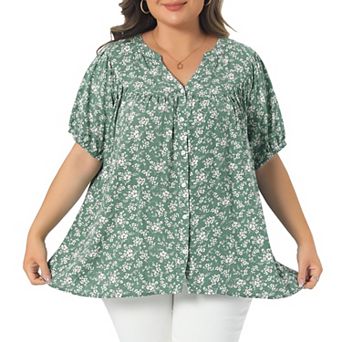 Women's Plus Size Button Down Shirts Short Sleeve Casual V Neck Summer Tops Pleated Floral Blouses