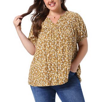 Women's Plus Size Button Down Shirts Short Sleeve Casual V Neck Summer Tops Pleated Floral Blouses